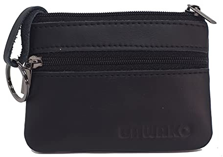 BAWAKO Münzbörse aus echtem Leder, Klein Münzen Geldbörse für Herren und Damen, mit Zwei Fächern, Reißverschluss, Schlüsselanhänger，Mini Coin Purse Wallet, Portemonnaie, S (Schwarz)