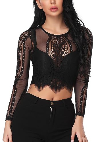 Wayleb Camicia Donna Elegante in Pizzo - Maglietta Manica Corta, Maglia Trasparente, Top Sexy, Dirndl Bluse Lunga/Corte, Cerniera Posteriore, S-XXL