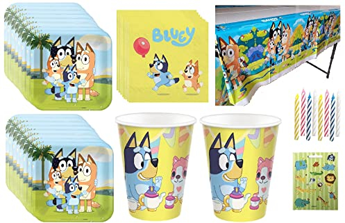 Bluey Birthday Baby Party Supplies Bundle Pack includes Lunch Plates, Lunch Napkins, Cups, Table Cover, Birthday Candles - Bundle for 16