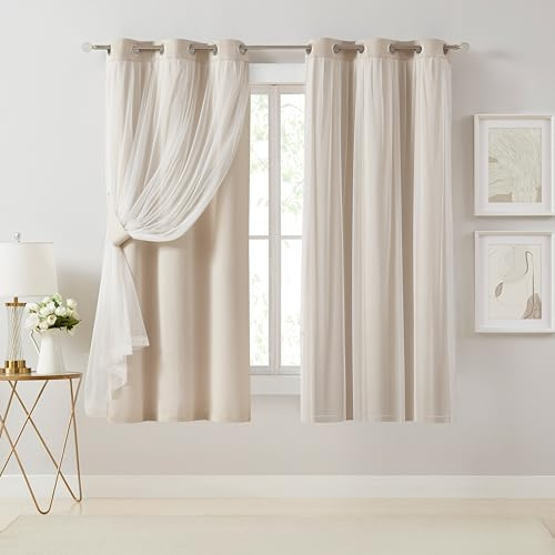 Bujasso Beige 80% Blackout Curtains with Sheer Overlay Mix and Match Double Layer Thermal Insulated Window Panels 63 inch for Living Room Bedroom Beige Drapes with Tiebacks Grommet Top 37 Wx63 Lx2