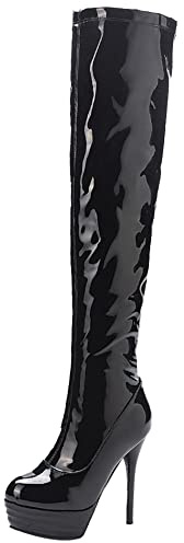 Lroey Reoly Stivali da Donna Sopra Il Ginocchio con Tacco a Spillo, Stivali da Festa Tacco Alto Punta Rotonda Boots Zip Plateau 063 Nero Numero 45 EU