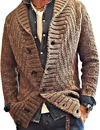 Cardigan en Tricot pour Homme avec Boutons,Gilet à Col en V Automne Hiver avec Fermeture à Bouton Manches Longues Pull en Grosse Maille Chandail Veste en Maille de Transition à Revers Marron L