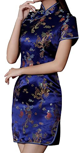 Cheongsam Dress for Women Qipao Slim Fit Short Sleeve Bodycon Mandarin Collar Side Slit Chinese Floral Print Dragon Dress (as1, Alpha, l, Regular, Regular, Dark Blue Dragon)
