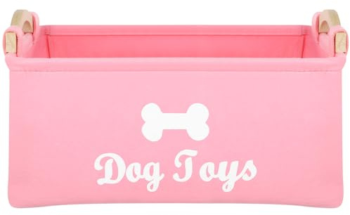 TEHAUX Dog Toy Basket with Wooden Handle, Pink Felt Dog Toy Box, Foldable Design, 15.35 X 11.02 X 6.69 Inches, Ideal Storaging for Blankets, Leashes, Clothing, Tennis Balls, Collars and More