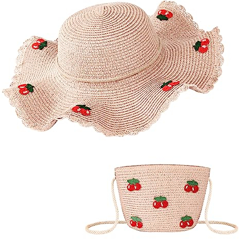 HONGXIN-SHOP Strohhut und Tasche Set Damen Sonnenhüte Strohhut mit Breiter Krempe Strandhut mit Kirsche Dekoration für Urlaub Reise und Strand (Rosa/Groß)