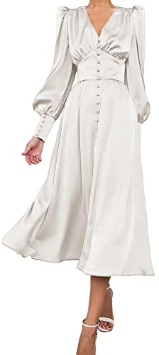 xxxiticat Abito da donna a maniche lunghe in satin, maxi abito con maniche a lanterna, chiusura a bottone, volant, a una spalla, vintage, a maniche a palloncino, midi, bianco, XS