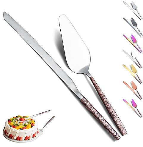 Evanda Wedding Cake Knife and Server Set, Brown Handle and Shiny Silver Head Cake Cutte Pie Server for Everyday, Wedding and Birthdays, Dishwasher Safe