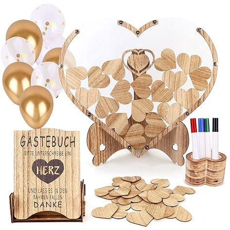 Gästebuch Hochzeit Holz, Alternative Hochzeitsgästebuch, Holzherzen Hochzeitsdeko, 50 Dekorative Luftballons, 4 Unterschrift Stifte, Aufbewahrungsbox, Herzrahmen, Herzförmiges Stiftetui aus Holz