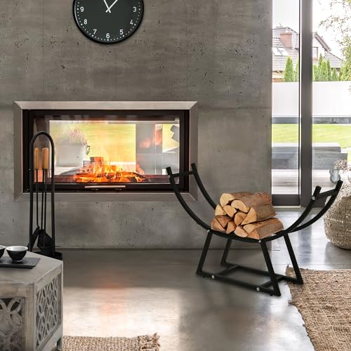 ML-Design Estanteria Metálica para Leña 55 x 94 x 21 cm Soporte Organizador de Madera para Interior o Exterior, Leñero Negro Moderno Junto a Chimenea/Fogata Estructura de Acero Semicircular Apilar