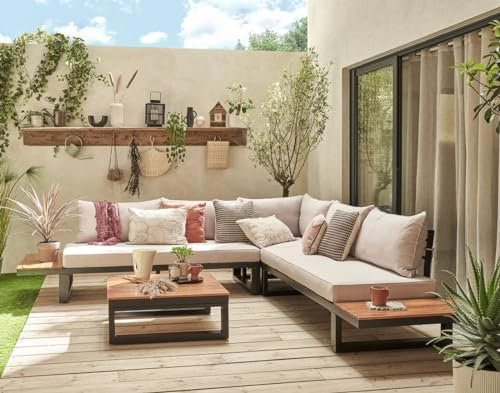 Bestmobilier Salome - Gartenmöbel Set für 5 Personen + Tisch - modular - Holz, Metall und beigefarbene Kissen Bois/Beige