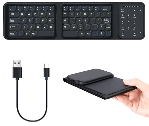 Nsyee Foldable Bluetooth Keyboard with Number Pad, Rechargeable Pocket Wireless Folding Keyboard with Trackpad for iPad, Tablet, Windows, PC, Mini Travel Keyboards for Laptop, IOS, Android