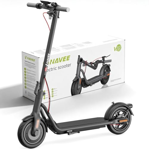 NAVEE V25 Trottinette Electrique Adulte, Moteur Puissant 600W Max, Autonomie 25km, Pneus 10, Frein E-ABS Avant+Tambour Arrière, TCS Antidérapant, Certification TÜV, Apple Find My, Écran Intelligent