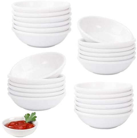 Bols à Sauces, 24 Pièces Vaisselle Sauce Soja, 8,8 x 2,2cm Rond Mini Bols à Trempette, Réutilisable Petit Vaisselle à Collation, Coupelles à Trempette, pour Accompagnements, Apéritif, Collation, Blanc