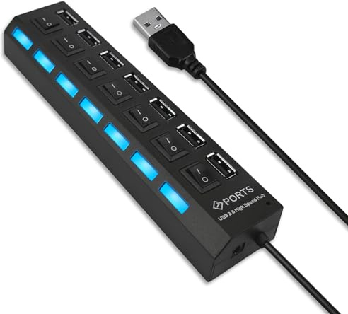 USB Hub 7-Port,USB 2.0 Data with Individual On/Off Power, Multi USB Port Splitter Adapter USB Block for PC Laptop Desktop, Portable PC Hub USB Bank Extension for Data Transfer Devices