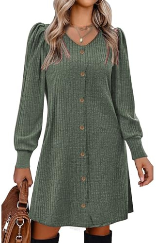 Vossmi Vestiti Donna Invernali Maglia Abito Casual con Bottoni Tinta Unita Maglione Abiti Leggero Pullover Eleganti Abitino Scollo a V Vestito A-Linea Verde,XL