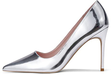 Zhabtuc kvinnor högklackade skor spetsig stängd tå slip on stilettos 10 cm fest bal bröllop klackade skor, SILVER, 5 UK