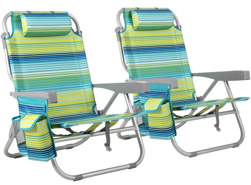 LIFERUN 2 st. vikbara strandstolar i lätt aluminium, ryggsäcksstol, strand, campingstol som kan ligga platt, bärkapacitet upp till 150 kg, utomhus fällstol med justerbar hög ryggstöd, isväska Grön