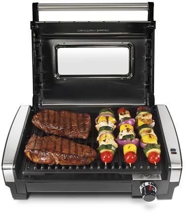 Hamilton Beach Electric Indoor Searing Grill with Viewing Window & Adjustable Temperature Control to 450F, 118 sq. in. Surface Serves 6, PFAS-Free Removable Nonstick Grate, Stainless Steel