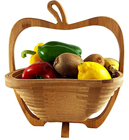 Panier Pliant Pomme Bambou,Belle 30 X 30 cm de Meubles en Bambou Panier Pâques Corbeille à Oeufs Osternest Herbstdeko Automne Bois Bol Fruits à Dekoschale Pliable Légume Fruits,Idéal Également