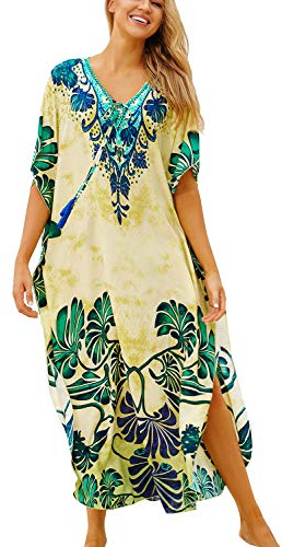 LikeJump Women's Cotton Boho Kaftan Beach Cover Up Swimwear Kimono Maxi Dress Plus Size