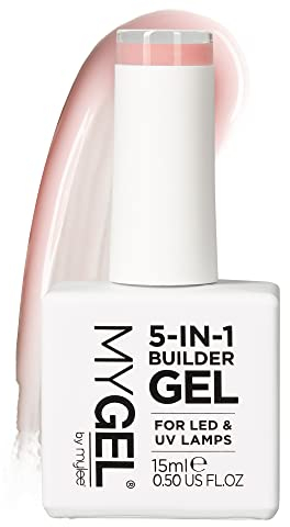 Mylee 5 in 1 Builder Base Strengthening Gel 15ml, UV/LED Nail Polish Coat for Hard Strong Nails Tips & Extensions, For Nail Art Decoration, Decals & Jewels, Professional Manicure Repair (Peach)
