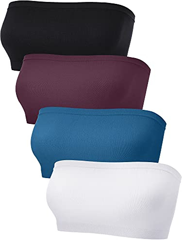 Lot de 4 Soutiens-Gorge Bandeau sans Bretelles sans Couture Non rembourrés Extensibles pour Femme, Bleu foncé, Rouge foncé, Blanc, Noir, L