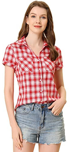 Allegra K Damen Kariertes Hemd Shirt Kariert Kurzarm Classic Oberteil mit Taschen Karo Bluse Rot Weiss L