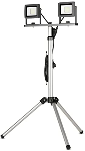 REV LED Arbeitsscheinwerfer mit Stativ - 2x20W, 2x1700lm, 6500K, Arbeitslampe für Baustelle, Werkstatt & Keller, Baulampe IP65 innen & außen, silber