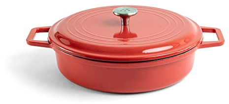 Misen 5.5 QT Braiser – Enameled Cast Iron Pan for Searing, Braising & Slow Cooking – No-Chip Enamel Coating – Extra-Wide Handles – Superior Heat Retention & Even Cooking - Red
