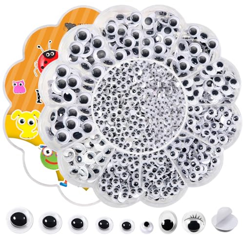 TOAOB 1250pcs Yeux Mobiles Autocollants Adhésifs en Plastique Ronds Wiggle Eyes 4 mm à 12mm Kit de Loisirs Créatifs de Noir Blanc pour Fabrication Scrapbooking Artisanat Accessoires