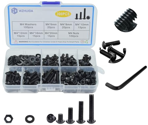 WZHUIDA Lot de 300 vis à tête bombée M4, vis à six pans creux, écrous et rondelles assortis, noires, vis filetées avec clés à six pans creux