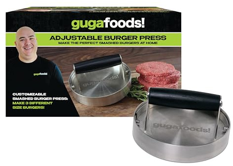 Guga Foods- Adjustable Burger Press, Stainless Steel Hamburger and Smashed Burger Press, Patty Maker for Grilling and Griddle, 3 Size Patties, Wooden Handle