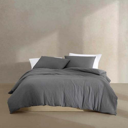 Calvin Klein - Juego de Funda de edredón, Ropa de Cama súper Suave con Fundas a Juego, decoración Reversible para el hogar (Seersucker Gris Oscuro, King)