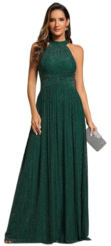Ever-Pretty Abito da Sera Lungo per Donna, Scollo A Barca, Plissettato, Senza Maniche, Vita Alta, Scintillante Vert Foncé 44
