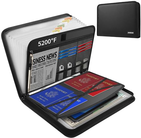 JUNDUN Dokumentmapp A4 – bärbar brandsäker fackmapp med dragkedja och etiketter – dokumentmapp med 12 fack och flera fack för A4-filer | kvitto med mera (Temperaturbeständighet 5 200 ℉, svart) | Brandsäker dokumentficka med dragkedja och etiketter – Important Document Organizer för dokument, svart
