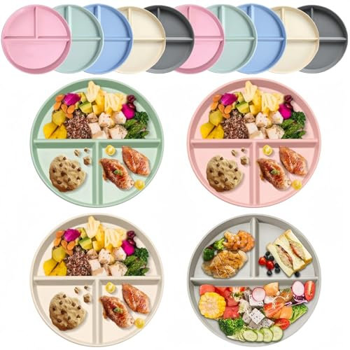 LATERN 10 Stück Geteilte Speiseteller, 9 Zoll Unzerbrechliche Kunststoff Diätteller Portionskontrolle Unterteilte Teller Wiederverwendbares Picknickgeschirr für Erwachsene Kinder Abendessen (5 Farben)