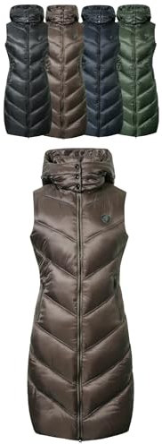 Covalliero - Damen Langweste | Longweste zum Reiten | Reitweste mit Reitschlitz | Steppweste mit Kapuze & 2 Taschen | wasserabweisende Winterweste | Reitbekleidung in Coffee | Größe XL