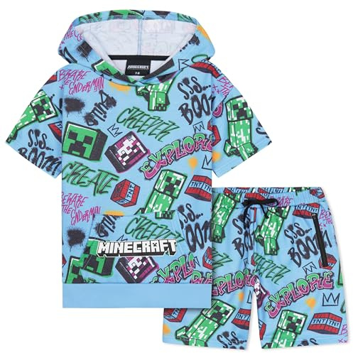 MINECRAFT Tuta Bambino Ragazzo 2 Pz Set Tute Creeper Felpa con Cappuccio Pantaloncini Estivi Felpa Bambino Maniche Corte Regalo Ragazzo (13-14 Anni, Blu)
