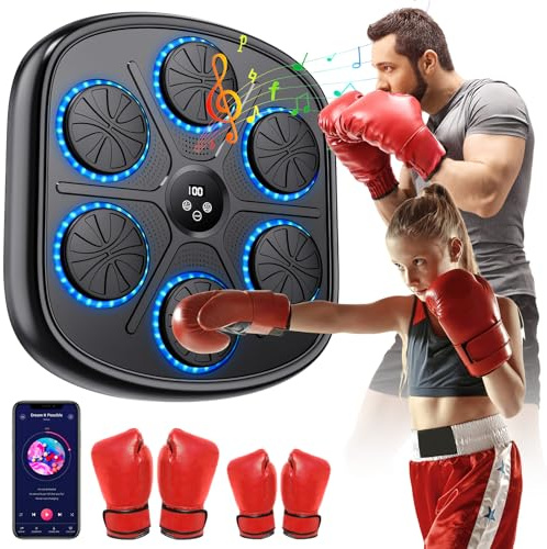 Music Boxing Machine, Apparecchio da Boxe Elettronico da Parete con 2 Coppie Guanti, 9 Velocità, 9 Modalità di Allenamento, Conteggio Intelligente, Supporto Bluetooth, Macchina da Pugilato Musicale