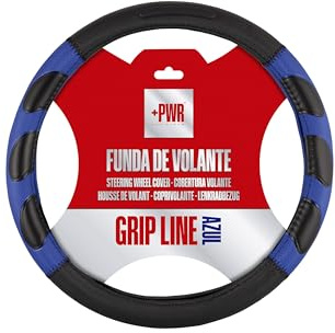+PWR Car Parts Funda de Volante Modelo Grip Line Negra y Azul Universal para Volantes de Turismos de 37 a 39 cm. Antideslizante. Fabricada en 100% Poliéster