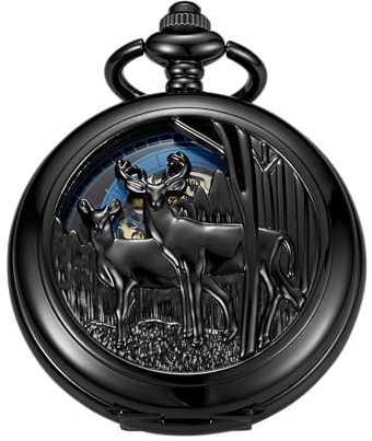 Tiong Black Hollow Double Deer Design Pattern Design Mechanical Pocket Watch, Men's Mechanical Movement Roman Numeral Dial Double Opening Pocket Watch