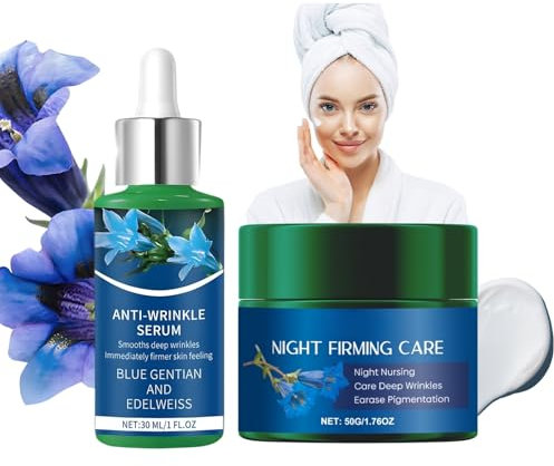 Anti Falten Creme und Anti Falten Serum Skincare Set, Gesichtscreme Damen Blauer Enzian & Edelweiß, Anti Aging Creme Frauen, Nachtcreme Gesicht, Feuchtigkeitscreme Straffe Haut, Reduziert Feine Linien