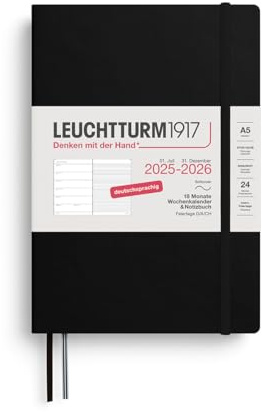 LEUCHTTURM1917 372621 Agenda semanal & cuaderno Mediana (A5) 2026, 18 meses 07.2025-12.2026, Tapa blanda, Negro, Alemán