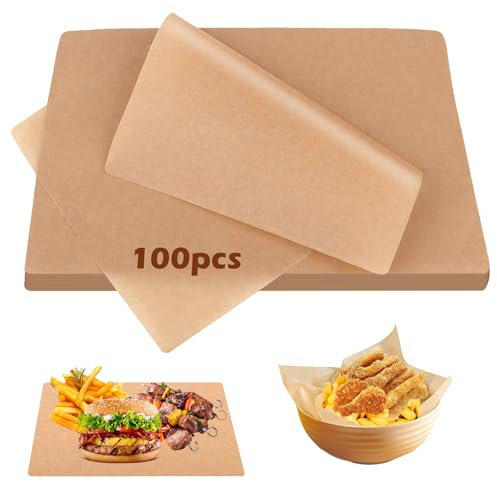 100Pcs Papier Cuisson Feuille Prédécoupé,Papier Sulfurisé,Antiadhésif Naturel pour le Four et le Grill,pour la Cuisine, le Grill la Vapeur et la Friteuse a Air,la cuisson des aliments,grillades