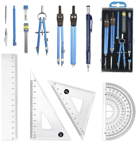 FuxFuis 13 Pz Set di Strumenti Scolastici per la Geometria, Set Compasso Righello e Goniometro Professionale, Set Geometria per Studenti con Scatola per Studio, Progettazione e Rilievo Ingegneristico