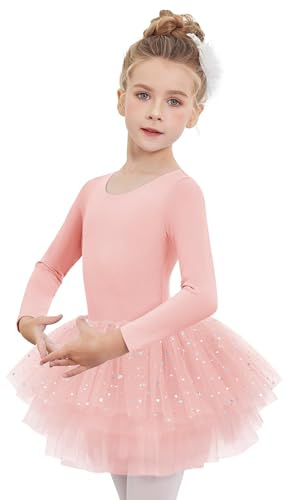 Arshiner Vestido de Tutú de Ballet para Niñas Malla de Manga Larga Traje de Baile de 4 Capas con Falda Brillante Traje de Ballet, Ropa de Baile para Edades de 2 a 11 años