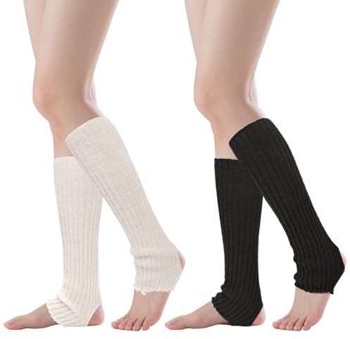 SGQTZDZQ 2 Pairs Leg Warmers Ladies, 80s Knitted Ballet Leg Warmers, Fluffy Foot Warmer for Women Girls Kids Clothing Accessories Yoga Dance (Black + White)