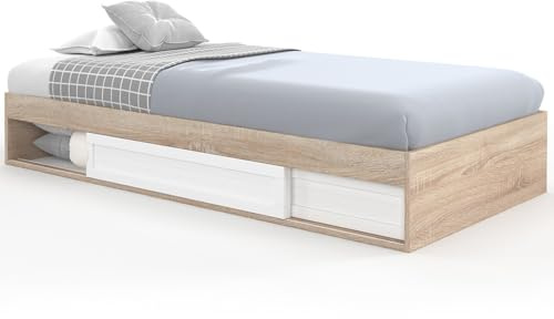 IDMarket - Cadre de lit Simple Salem avec Rangement et sommier 90 x 190 CM façon hêtre et Blanc