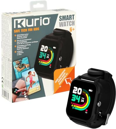 KURIO Smartwatch för barn – vattentät träningsspårare med puls, sömnövervakning och appanslutning – aktivitetsklocka med spel och urtavlor, svart