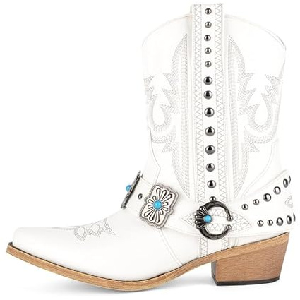 Only maker Cowgirl Western Boots for Women-Ankle High Embroidery Pointed Toe Cowboy Rodeo Country Concert Shoes Boot White US8